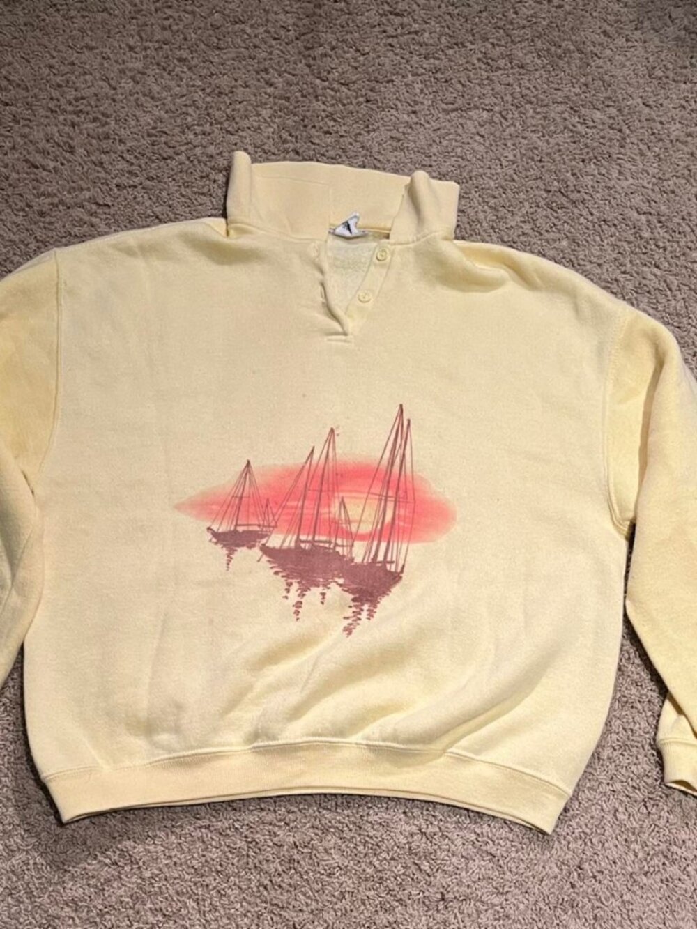Cream & yellow vintage 90s sailboat sweatshirt with red sailboats graphic